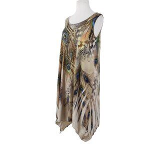 Jostar Sz M Tan Blue Green Rhinestone Studded Peacock Polyester Spandex Dress